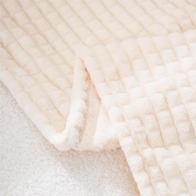 Puncuntex Fleece Blanket Cream White 108"×90" with Square Grid Design | Super Soft Plush Cozy Flannel Throw Blanket Luxury for Couch Sofa Chair
