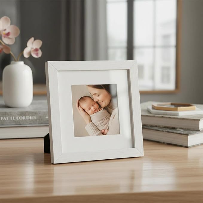 Boarding 8x8 Picture Frames White,5x5 Mat,Tempered glass,Engineered Wood