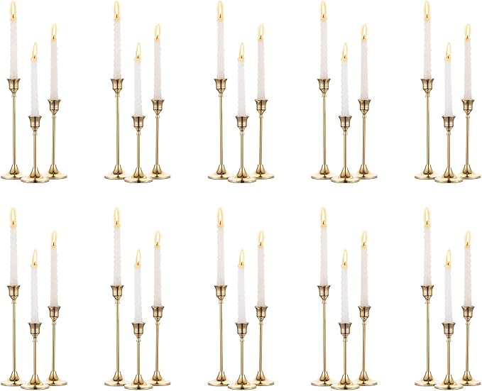 NUPTIO Gold Candlestick Holders Bulk: Solid Aluminum - Set of 30 | Brass Candle Stick Holder - Taper Candles Stand for Thanksgiving Christmas Wedding Birthday Party Mantel Table Centerpiece