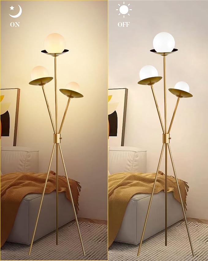 3 Globe Dimmable Tripod Floor Lamp, Mid Century Floor Lamps with 3Pcs 3000K Bulbs Included, Modern Gold Tall Lamp for Living Room Bedroom Home Office Sofa Beside Corner Decor