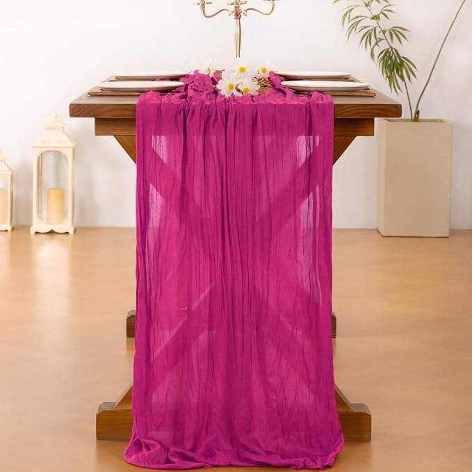 Cheesecloth Table Runner Fall Boho Wedding Birthday Party Home Decor | Hot Pink 3pcs Rustic Gauze 10FT Cheese Cloth Sheer Farmhouse Dining Runner for Baby Shower Bridal Holiday Decorations