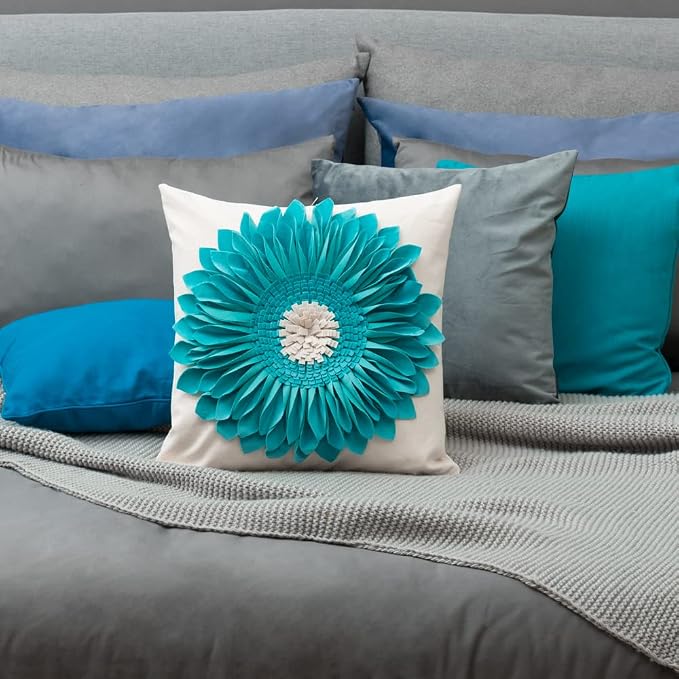 OiseauVoler 3D Sunflower Throw Pillow Cover Decorative Handmade Pillowcases for Couch Farmhouse Living Room Decoration 18x18 Inch Teal Blue