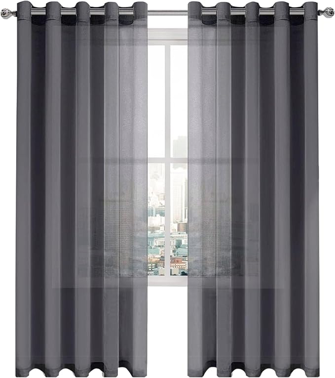 DWCN Dark Gray Sheer Curtains Linen Look Semi Transparent Voile Grommet Curtains for Living Dining Room Drapes 60 x 84 Inch Long, Set of 2 Panels