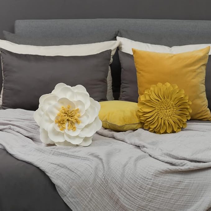 JWH Handmade 3D Flower Throw Pillow Cover Decorative Round Cushion Handmade Pillowcase Striped Floral Accent Pillow Case for Bed Couch Living Room Office Chair 14 Inch Ivory Yellow