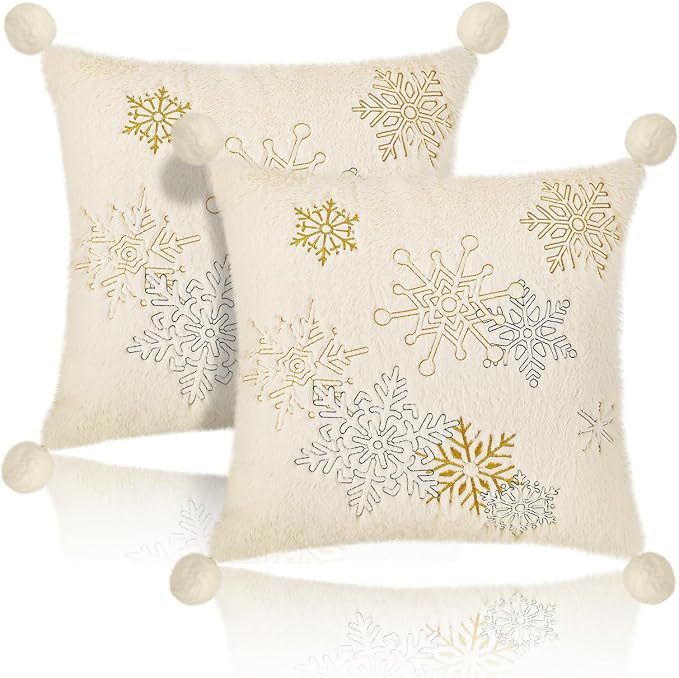 Lewondr Christmas Throw Pillow Cover, 18x18 Inch, Set of 2, Oatmeal | Faux Fur, Cozy Soft, Plush Ball with Luxury Sequins Embroidered Snowflakes, For Bed Home Decor Living Room