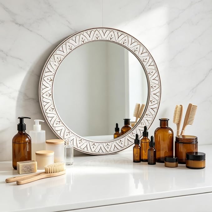 20" Round Rustic Mirror Wooden Frame Circle Mirrors, Distressed Wall Mounted Mirror for Bathroom, Bedroom, Living Room, Entryway, Fireplace, Hall