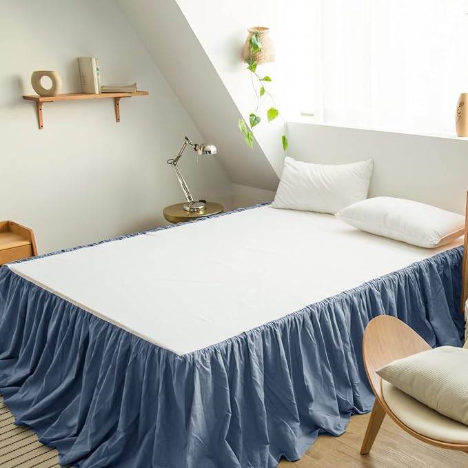 BISELINA French Linen Bed Skirt with Pleated Frills 14-Inch Tailored Drop Natural Flax Cotton Blend Dust Ruffle Soft Cozy Farmhouse Bedding (14" Twin, Navy Blue)