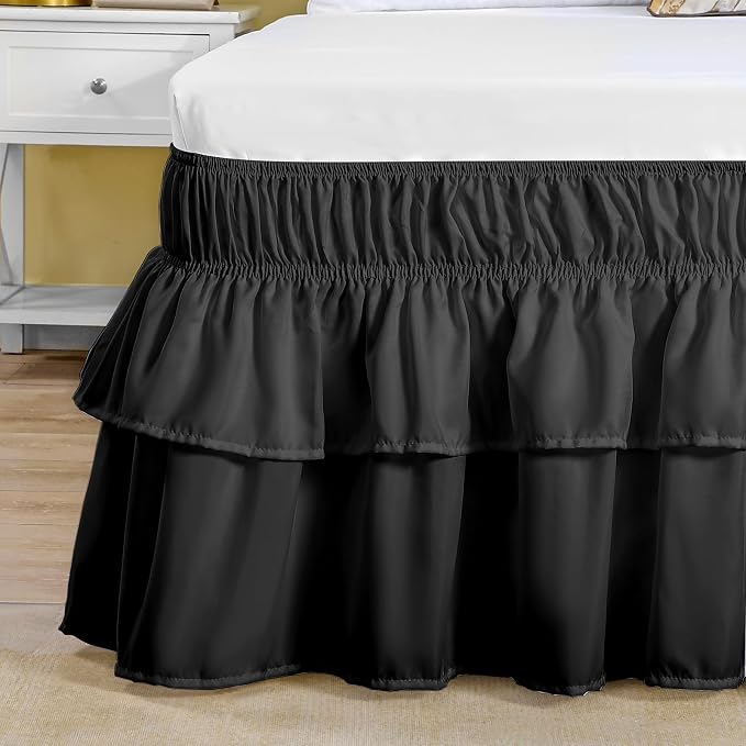 RIMELA Ruffle Bed Skirt Black Queen 15 Inch Drop, Elastic Wrap Around Bed Skirting Queen Size, Easy to Install Dust Ruffle, Machine Washable Soft Fabric, Multi Ruffle Bedskirt