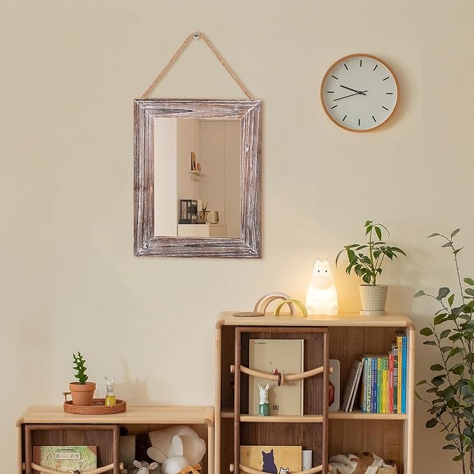 Farmhouse Wall Mirror Washed Brown Rectangle Rustic Wood Mirror 16 X 12 Inch Decorative Wood Frame with Mirror and Hanging Hemp Rope, Hanging Mirror for Bathroom Bedroom, Entryway, Dresser Wall Mirror