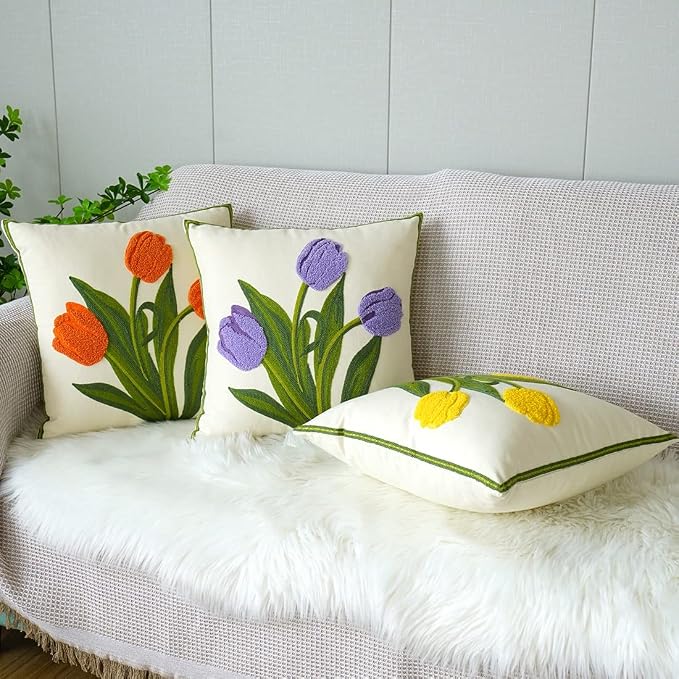 vctops Farmhouse Tulip Cotton Tufted Throw Pillow Cover Spring Floral Embroidery Pillowcase Soft Square Cushion Case for Sofa Couch Bed Chair (Yellow,18"x18")