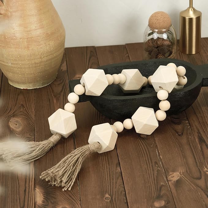 Extra Large Wood Bead Garland with 2" Diameter Wooden Beads, 42" Long Rustic Farmhouse Wooden Beads Garland with Tassels, Decorative Beads Boho Decorations for Home Table Mantle Natural Beige