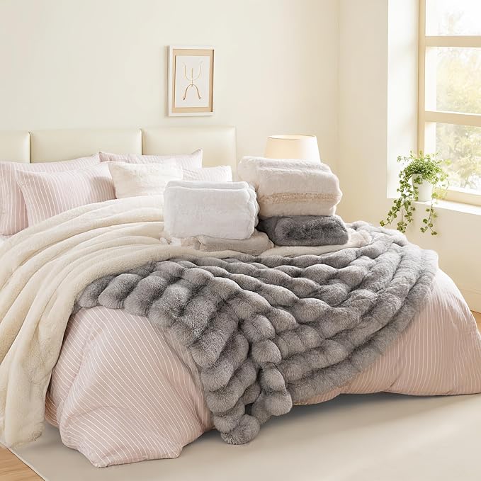 NEXHOME PRO Faux Fur Throw Blanket, Ultra Soft Cozy Warm Fuzzy Fluffy Plush Reversible Blanket for Couch, Sofa, Bed, Home Decor Gift, Tie-dye Grey 5060