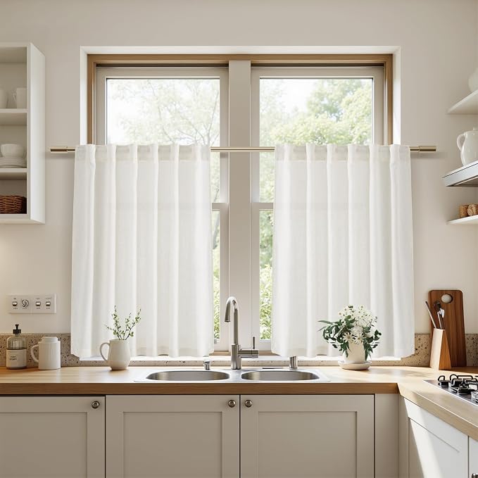 24 Inch Linen Curtains for Kitchen Beige White Small Window Semi Sheer Curtains Back Tab and Rod Pocket Light Filtering Drapes for Basement Short Cafe Curtain, 36 x 24 Inch,2 Panels
