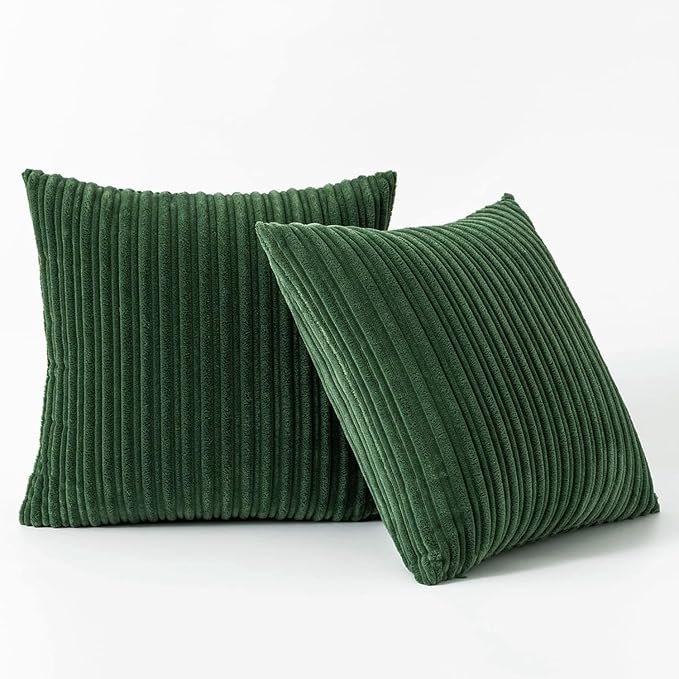 Kevin Textile Striped Corduroy 24”x24” Pillow Covers 2 Pack, Xmas Green