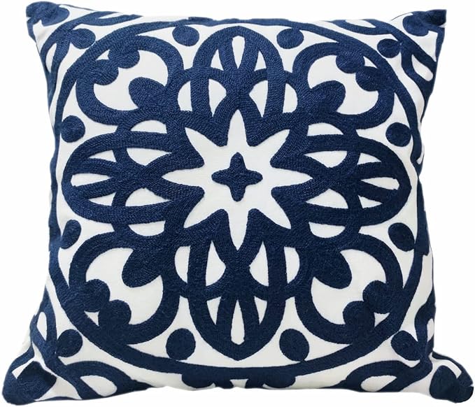 Alysheer Embroidered Decorative Throw Pillow Cover 18x18 inch, Cozy Warm Boho Mandala Chic Knit Pattern Durable 100% Cotton Canvas Cushion Case for Sofa Couch Living Room Bedroom Gifts (Navy Blue)