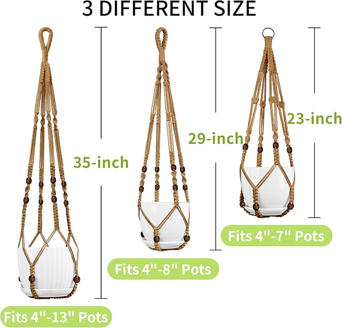 Macrame Plant Hanger - Fits 4-13 Inch Pots, 3 Pack, Brown