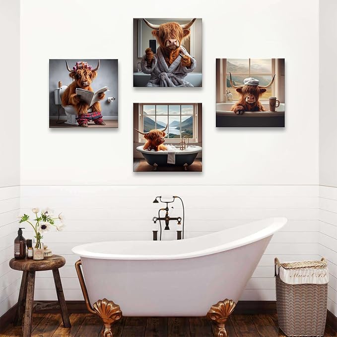 Rustic Cow Wall Art Funny Bathroom Wall Decor Abstract Wildlife Pictures for Kids Farmhouse Animal Posters Country Highland Cow Canvas Prints Longhorn Cattle Artwork Bedroom Home Decoration 20x20" 4P