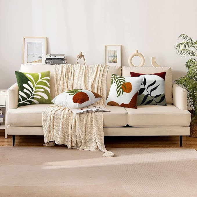 Merrycolor Boho Decorative Throw Pillow Covers 18x18 Tufted Green Decorative Pillows Covers Leaf Mid Century Modern Throw Pillows for Bed Couch Sofa Living Room 1PC (Green and White )