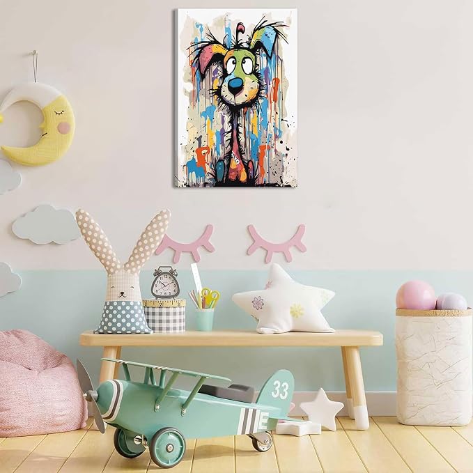 Colorful Graffiti Cartoon Dog Wall Art Fun Animals Wall Decor Picture | Vibrant Playful and Fun Cartoon Style Puppy Canvas Printing for Living Room Bedroom Artwork Home Decoration