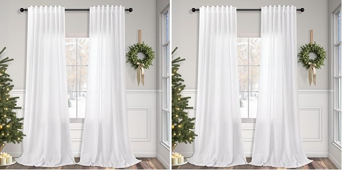 White Linen Curtains 84 Inch Length for Living Room 2 Panel Back Tab Loop Pocket Drape Cotton Textured Light Filtering Semi Sheer Lightweight Curtain for Bedroom Boho Rustic Farmhouse Decor 52x84 Long