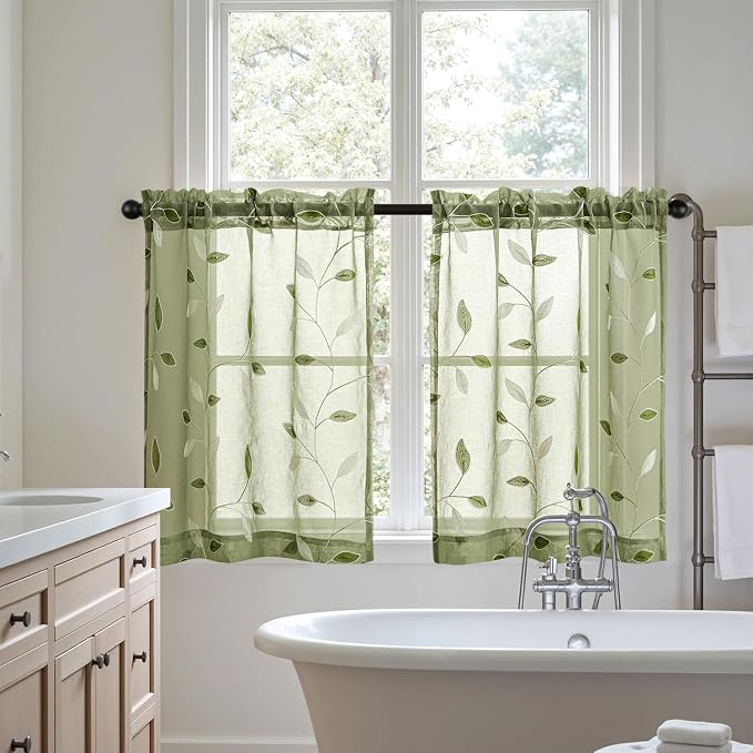 MIULEE Sage Green Sheer Curtains 2 Panels Leaf Patterned, W30 x L24 | Embroidered Floral Semi Sheer,Rod Pocket,Faux Linen,Short Window Curtains Drapes Set for Kitchen/Bathroom/Cafe