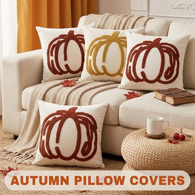 ONFAON Embroidered Fall Pumpkin Pillow Covers 18x18 Inch Set of 2 | Autumn Decor Throw Pillow Cover, Halloween Farmhouse Home Decor Throw Cushion Cases for Living Room Couch Sofa Bed