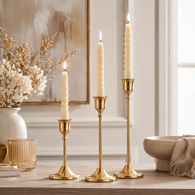 12 Pcs Brass Gold Taper Candle Holders Set, Tall Taper Candlestick Holders Vintage Metal Candle Stick Holder for Wedding Party Table Centerpiece Festive Christmas Mantel Decoration, Gold