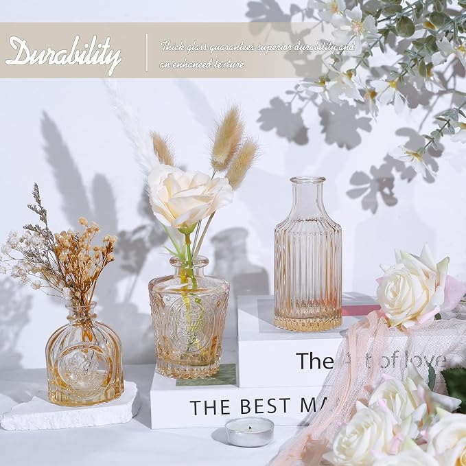 TBWIND 24pcs Amber Glass Bud Vases Set | Small Flower Vases for Centerpieces in Bulk, Mini Vintage Vase, Wedding Decor, Home Table Décor
