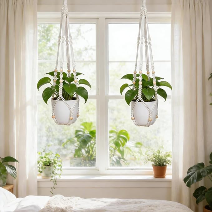 YIBOT Macrame Plant Hanger Indoor 35 Inch Hanging Planter Basket Ivory 3Pcs