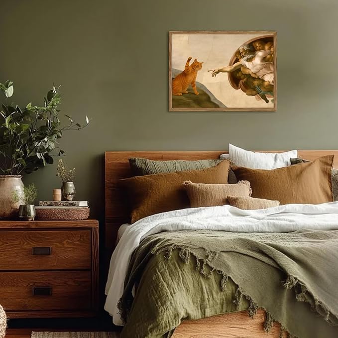 Funny Orange Cat Wall Art Creation of Adam and Cat Wall Decor Painting Renaissance Michelangelo and Animal Poster Canvas Print for Bedroom Living Room 16x24 inch Wood Framed