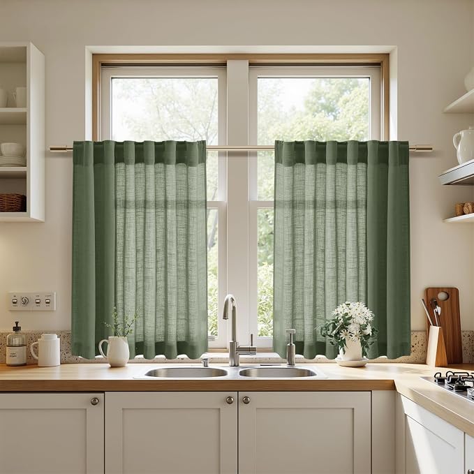 Linen Kitchen Curtains 30 Inches Long 2 Panels Olive Green Semi Sheer Short Curtain Back Tab Rod Pocket Solid Privacy Cafe Tier Curtains for Cafe Bathroom Basement 36x30