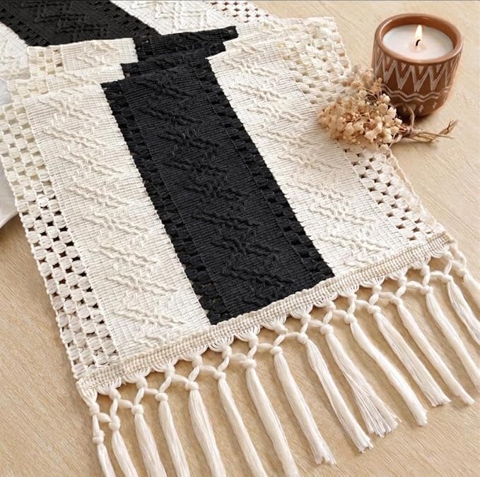FEXIA Boho Table Runner with Tassels for Home Decor 12x72 Inches Black | 72 Inches Long Modern Farmhouse Rustic Burlap Table Decoration for Bedroom Living Dining Room Baby Shower Autumn Decor