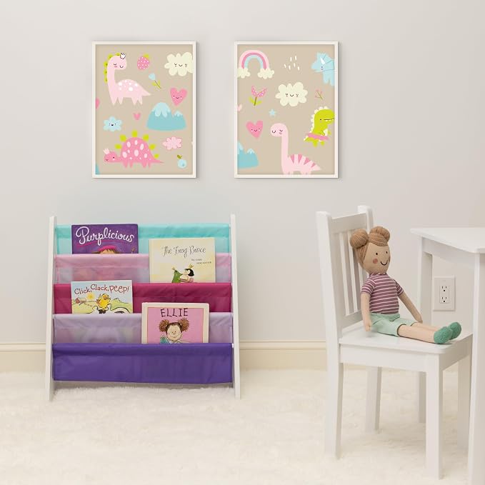 Humble Crew Kids Bookshelf, Montessori Front Facing Toddler Bookcase 4 Tier | Book display rack and reading nook organizer, nylon pockets show covers face out, compact for any playroom or bedroom space