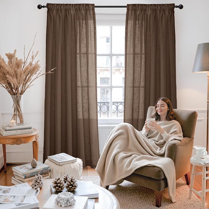 YoungsTex Brown Linen Sheer Curtains for Living Room 2 Panels Rod Pocket | 84 Inch Chocolate Drapes Light Filtering with Back Tab for Dining Bedroom, 52 X 84 Inch