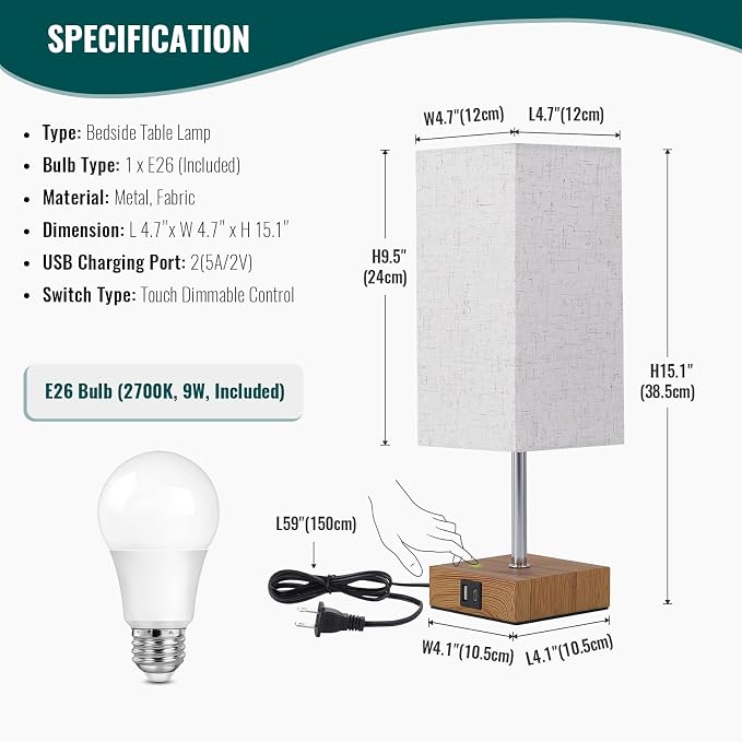 Siljoy Bedside Table Lamp with USB A+C Touch Control Dimmable Bulb Included
