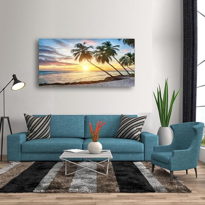 Beach Pictures Canvas Wall Art for Living room Bedroom Wall Decor,Palm Wall Art Print Paitnings for home Decor,Morden Artwork Sunset Coconut Tree Canvas Art Waterproof Stretched Ready to