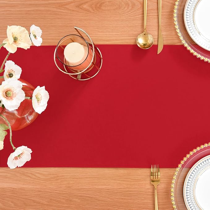 Faux Linen Table Runner Water Resistant 13 x 48 in, Red | Farmhouse Rustic Table Runners, Coffee Table Runner, Dresser Runners for Bedroom, Living Room, Kitchen, Dining, Party