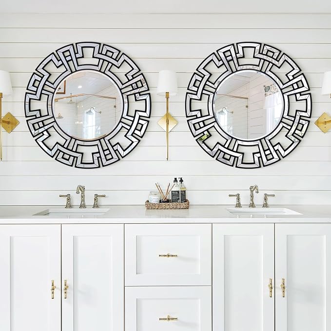Black Mirrors for Living Room Decor, 32'' Large Round Mirror with Beveled Edge Glass, Modern Decorative Wall Mirror for Dining Room, Entryway, Bedroom, Fireplace