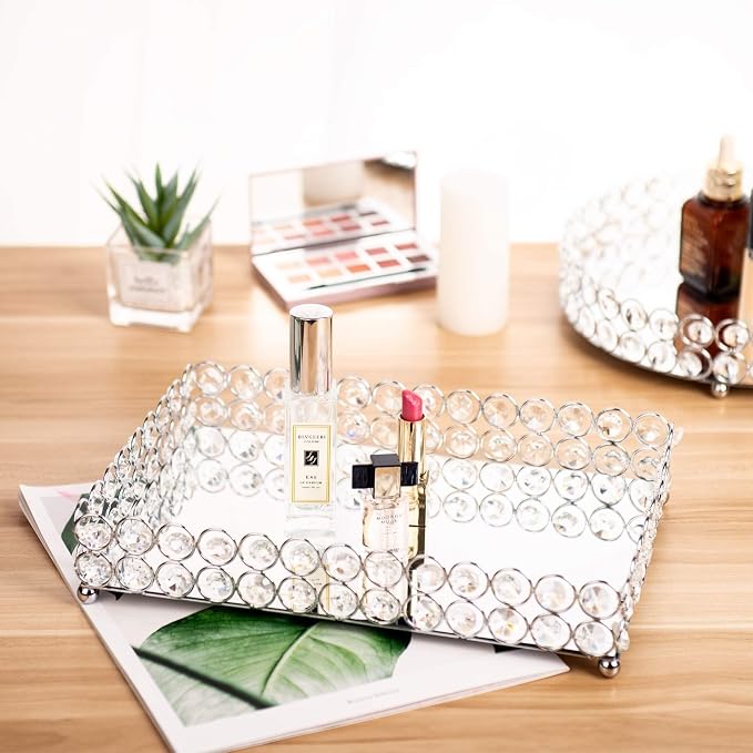 Feyarl Crystal Vanity Makeup Perfume Tray Ornate Jewelry Trinket Organizer Cosmetic Decorative Tray Skin Care Storage for Home Dressing Table Wedding Decoration(Rectangle 12" x 8")