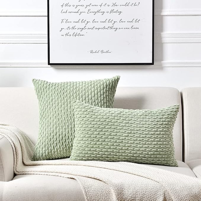 Fancy Homi 2 Packs Sage Green Decorative Throw Pillow Covers 12x20 Inch for Couch Bed Sofa, Modern Farmhouse Boho Home Decor, Soft Cute Plush Corduroy Cushion Case 30x50 CM