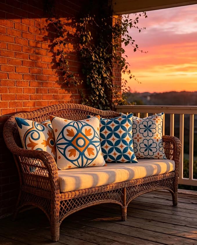 Set of 4 Boho Throw Pillow Covers 18x18 Inch, Blue Orange Pattern Decorative Pillow Case Soft Square Velvet Cushion Covers for Couch, Sofa, Living Room, Bedroom, Patio, Porch, Outdoor Home Décor