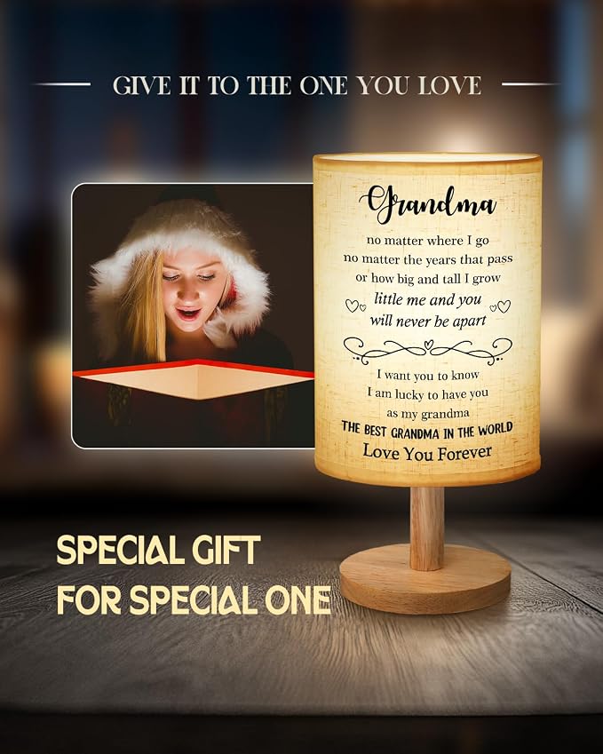 Gifts for Grandma from Grandkids, Grandma Birthday Gifts Table Lamp, Birthday Gift for Grandmother Fabric Lamp with Wooden Stand, I Love You Grandma's Gift