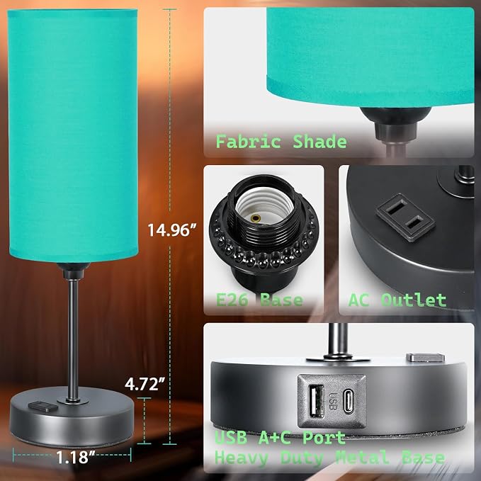 Table Lamp with USB Port - Teal Desk Lamp, Green Touch Lamp, Bedside Lamps, 3 Way Dimmable Small Lamps for Bedroom, Nightstand, Nursery, Dorm, Home, Office, Black Base+ Green Lampshade