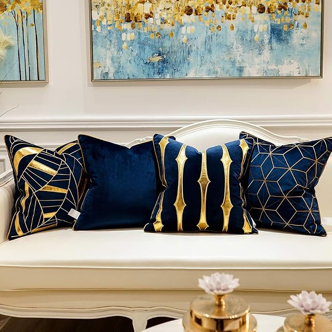 Avigers Throw Pillow Cover 20 x 20 Inch, Blue Gold, Velvet, Hidden Zipper