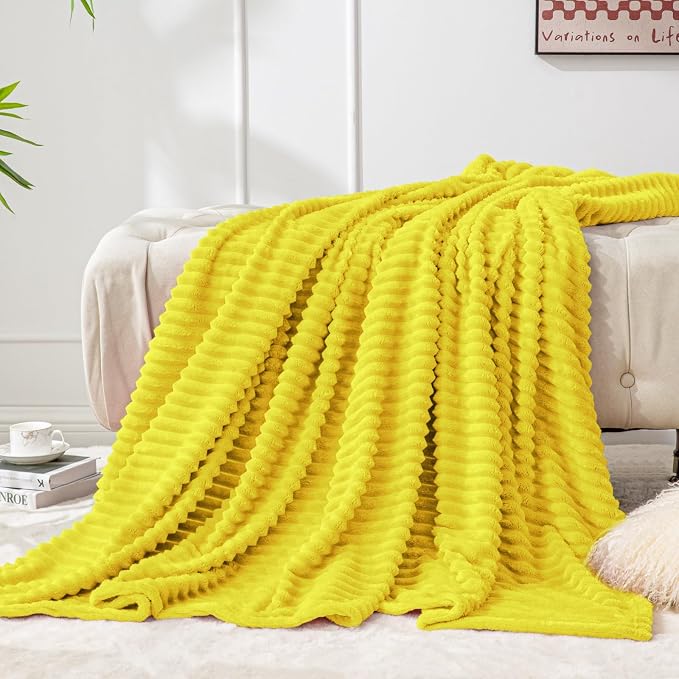 BEDELITE Ribbed Jacquard Yellow Fleece Throw Blanket for Couch, 50x60 Inch | Soft Warm Decorative Fluffy Blanket, Cozy Plush Lightweight Fuzzy Throw Blanket for Bed Sofa Home Room Decor, Gift for Women