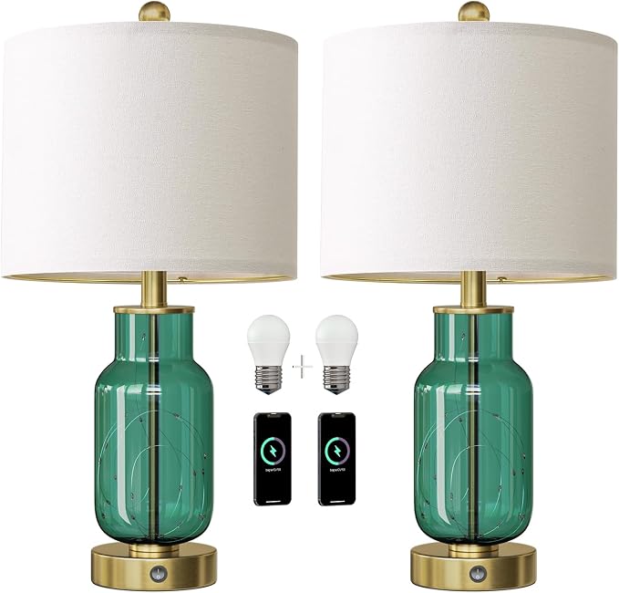 Oneach 22" Glass Table Lamps Set of 2 with Night Light for Bedroom, Green