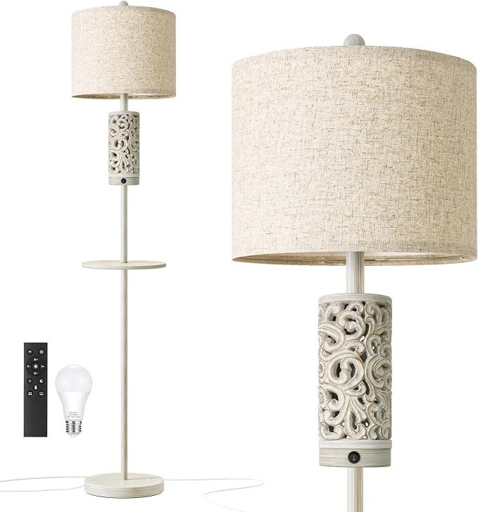 OYEARS 65" Farmhouse Floor Lamp for Living Room, Vintage Dimmable Floor Lamp with Table, Main&Night Light, Dual Switches&Remote Control, Tall Standing Lamp for Bedroom Nursery, Bulb Included, White
