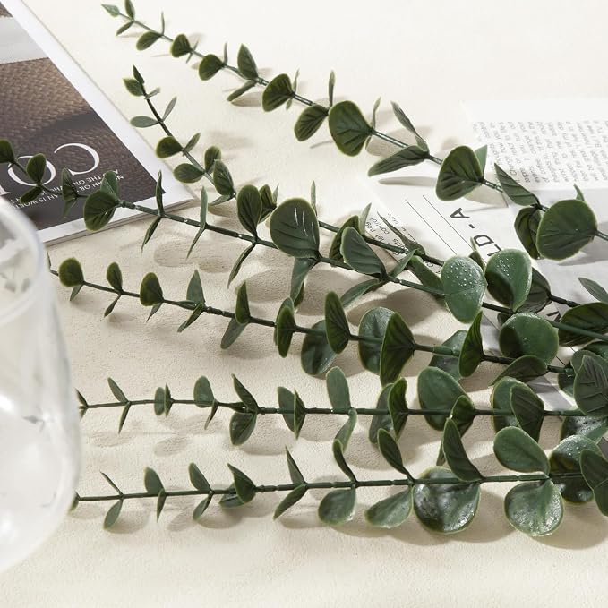 18pcs Eucalyptus Stems Dark Green Greenery Stems Fake Leaves Artificial Flowers Bouquet Faux Branches Centerpiece Flores Plants for Home Party Decor Wedding Decoration