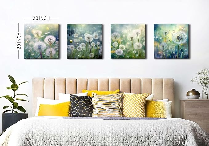 Teal Nature Dandelion Wall Art Bathroom Decor Colorful Modern Botanical Canvas Prints for Living Room Watercolor Dandelion Picture Country Flower Painting Bedroom Kitchen Home Decorations 20x20" 4 Pcs