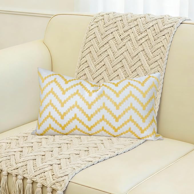Slow Cow Linen Embroidery Rectangular Pillow Cover Pillowcase Decorative Lumbar Throw Pillow Cover for Couch Sofa 12 x 20 Inches Yellow Gold